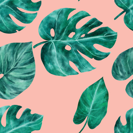 Seamless pattern with monstera leaves. Watercolor illustration.の写真素材