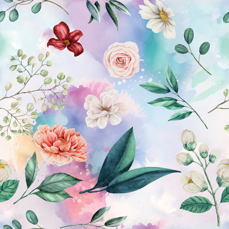 Seamless pattern with watercolor flowers. Hand-drawn illustration.の写真素材