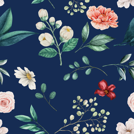 Seamless pattern with watercolor flowers and leaves on dark blue backgroundの写真素材