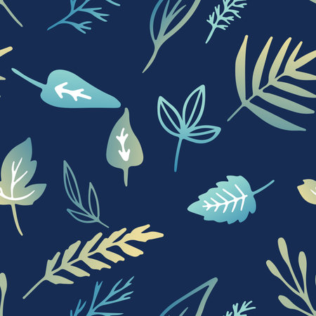 Seamless pattern with hand drawn leaves on dark blue background.の写真素材