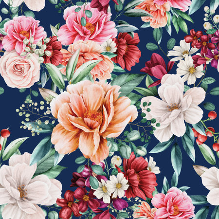 Beautiful vector pattern with nice watercolor flowers on dark blue backgroundの写真素材