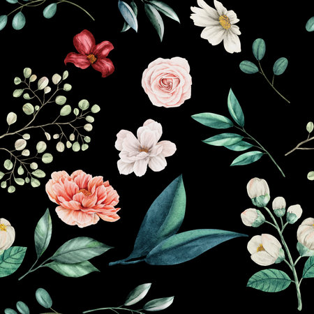 Beautiful vector pattern with nice watercolor flowers on a black backgroundの写真素材
