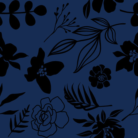 Seamless pattern with flowers and leaves on a dark blue backgroundの写真素材