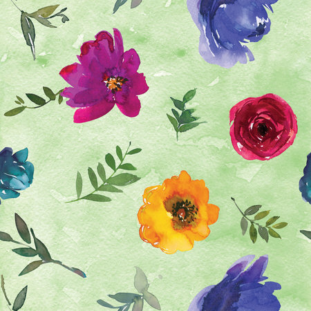 Seamless pattern with watercolor flowers. Hand-drawn illustration.の写真素材