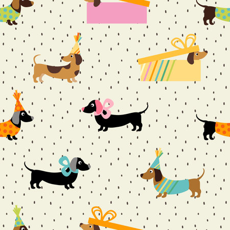 Seamless pattern with dachshunds and gift boxesの写真素材