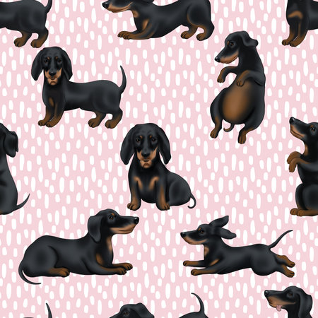 Dachshund dog seamless pattern on pink polka dot backgroundの写真素材