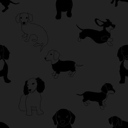 Seamless pattern with silhouettes of dogs on a dark background.の写真素材