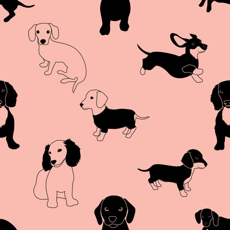 Seamless pattern with dogs on a pink background. Vector illustration.の写真素材