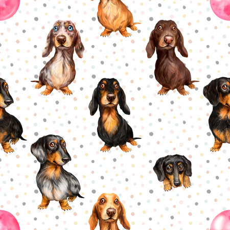 Seamless pattern with cute dachshund puppies on polka dot backgroundの写真素材