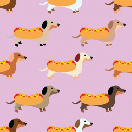 Seamless pattern with cartoon dachshunds. Vector illustration.の写真素材