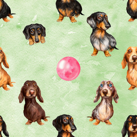 Watercolor seamless pattern with dachshunds and ball.の写真素材