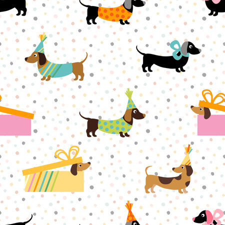 Seamless pattern with cute cartoon dachshunds and gift boxes.の写真素材
