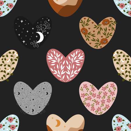 Seamless pattern with hearts and flowers on black background. Vector illustration.