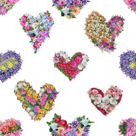 Seamless pattern with beautiful bouquets of flowers and heartsの写真素材