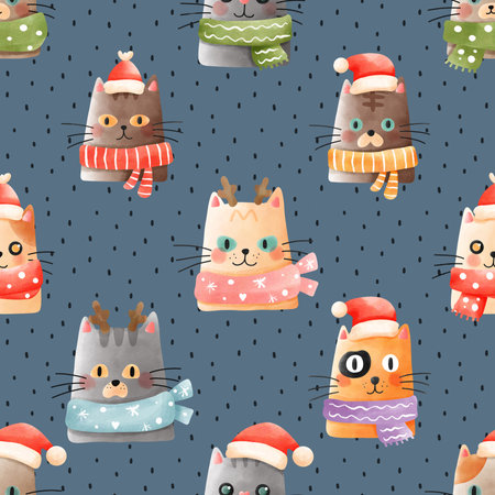 Seamless pattern with cute cats in Christmas hats and scarves.の写真素材