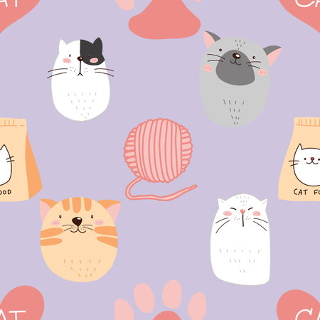 Seamless pattern with cute cats and knitting accessories. Vector illustration.の写真素材