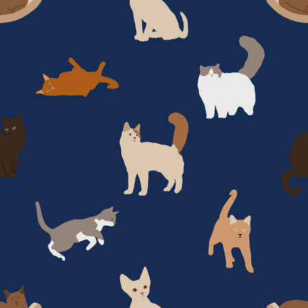 Seamless pattern with cute cats on dark blue background. Vector illustration.の写真素材