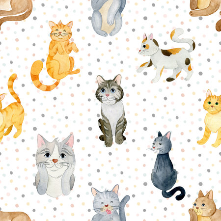 Seamless pattern with cute watercolor cats. Vector illustration.の写真素材