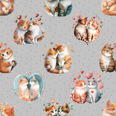 Seamless pattern with cute cats in love. Watercolor illustration.の写真素材