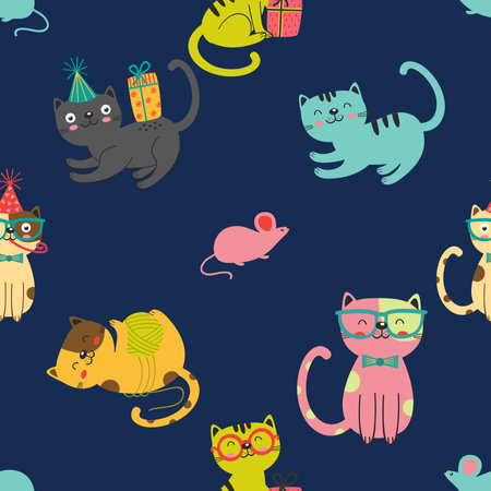 Seamless pattern with cute cartoon cats. Vector illustration for kids.の写真素材