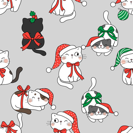 Seamless pattern with cute cats in Christmas hats and scarves.の写真素材