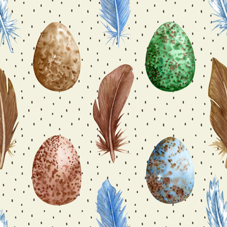 Seamless pattern with hand drawn watercolor feathers and eggs.の写真素材