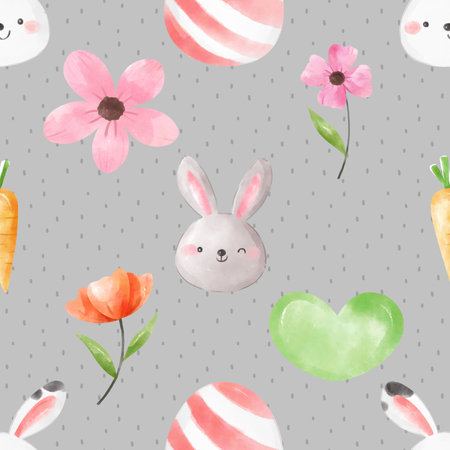 Seamless pattern with cute watercolor bunny, carrot, heart and flowersの写真素材