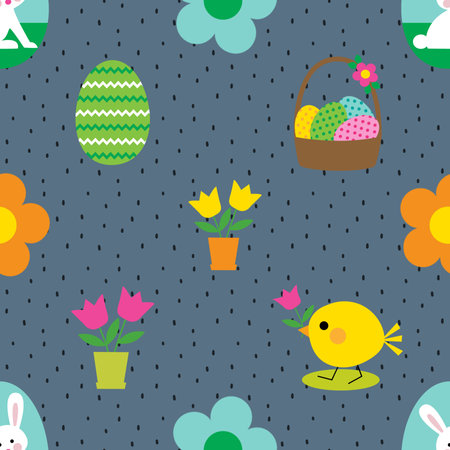 Seamless pattern with easter eggs, flowers and chicken.の写真素材