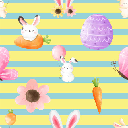 Seamless pattern with cute bunnies, flowers and easter eggs.の写真素材