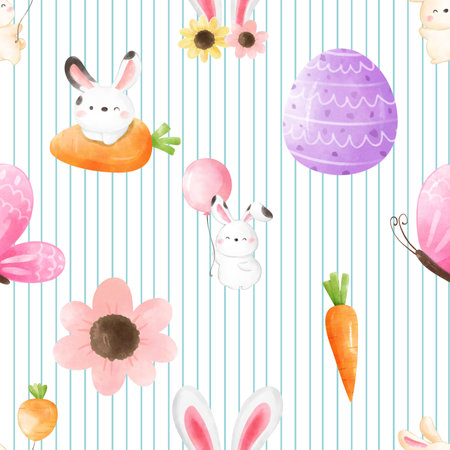 Seamless pattern with cute Easter bunnies, eggs and flowersの写真素材