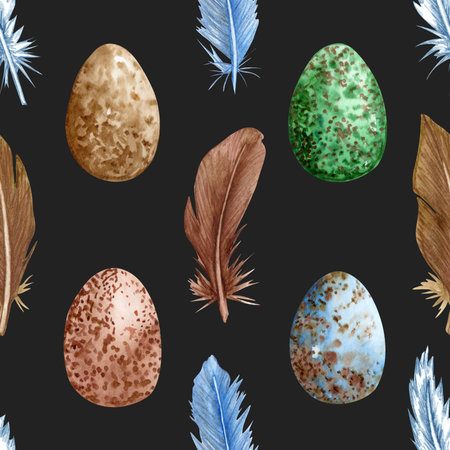 Seamless pattern with watercolor feathers, eggs and feathers.の写真素材