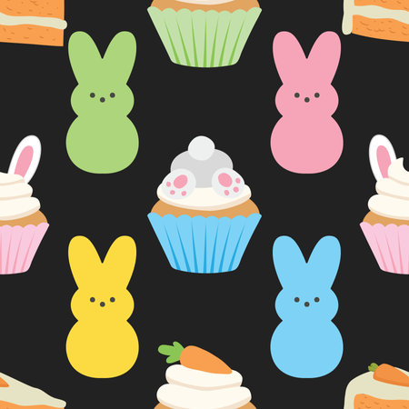 Seamless pattern with cute bunnies and cakes. Vector illustration.の写真素材