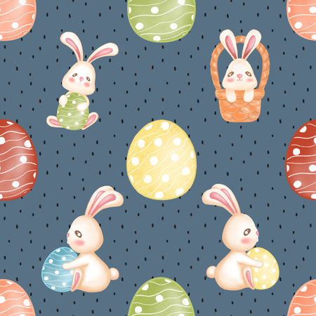 Seamless pattern with cute Easter bunnies and eggs.の写真素材