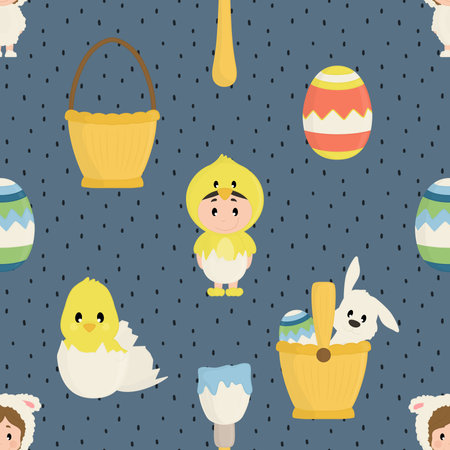 Seamless pattern with cute easter eggs and chicks. Vector illustration.の写真素材