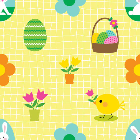 Seamless pattern with spring flowers, easter eggs and chickenの写真素材