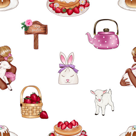 Seamless pattern with cute cartoon animals and sweets. Vector illustration.の写真素材