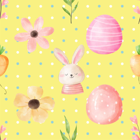 Easter seamless pattern with cute bunny, flowers and eggs. Watercolor illustrationの写真素材