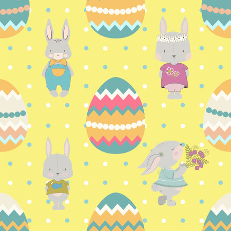 Seamless pattern with easter eggs and cute bunniesの写真素材