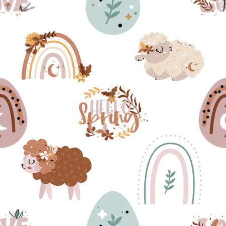 Cute hand drawn seamless pattern with cute sheep and rainbow. Scandinavian style. Vector illustration.の写真素材