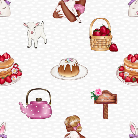 Seamless pattern with cute cartoon animals and sweets. Vector illustration.の写真素材