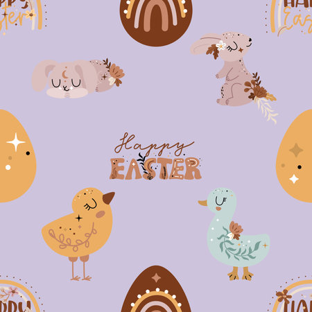 Easter seamless pattern with cute bunny, chick and eggs. Vector illustration.の写真素材