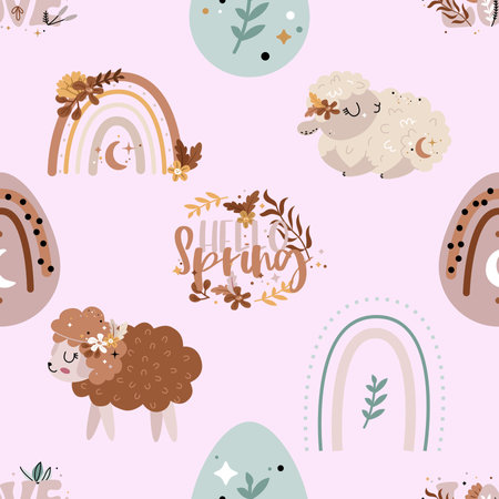 Seamless pattern with cute sheeps and rainbow. Vector illustration.の写真素材