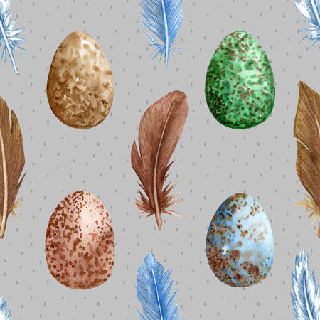 Seamless pattern with watercolor painted Easter eggs and feathers.の写真素材