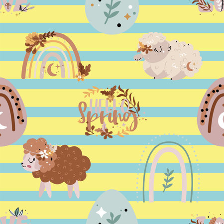 Seamless pattern with cute sheeps and Easter eggs. Vector illustration.の写真素材