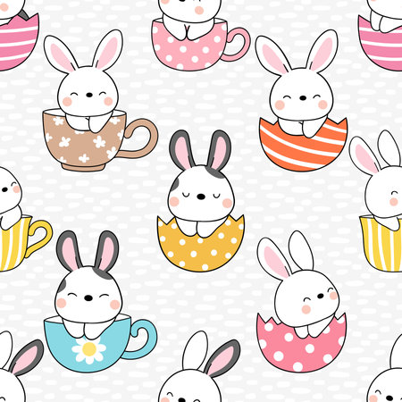 Seamless pattern with cute cartoon Easter bunnies and cupsの写真素材