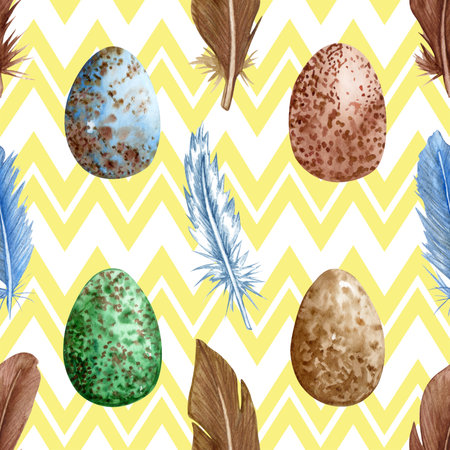 Seamless pattern with watercolor painted Easter eggs and feathers.の写真素材