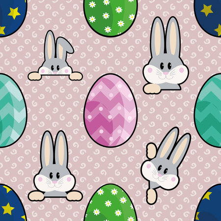 Seamless pattern with easter eggs and cute bunniesの写真素材