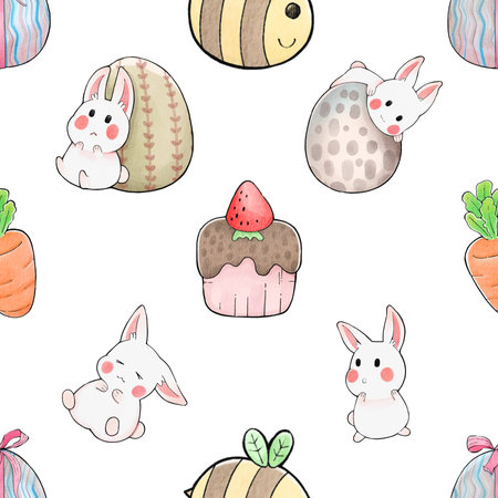 Seamless pattern with cute Easter bunnies and chocolate eggs.の写真素材