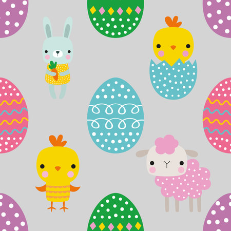 Seamless pattern with Easter eggs and cute animals. Vector illustration.の写真素材