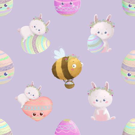 Seamless pattern with cute Easter bunnies and colorful eggsの写真素材
